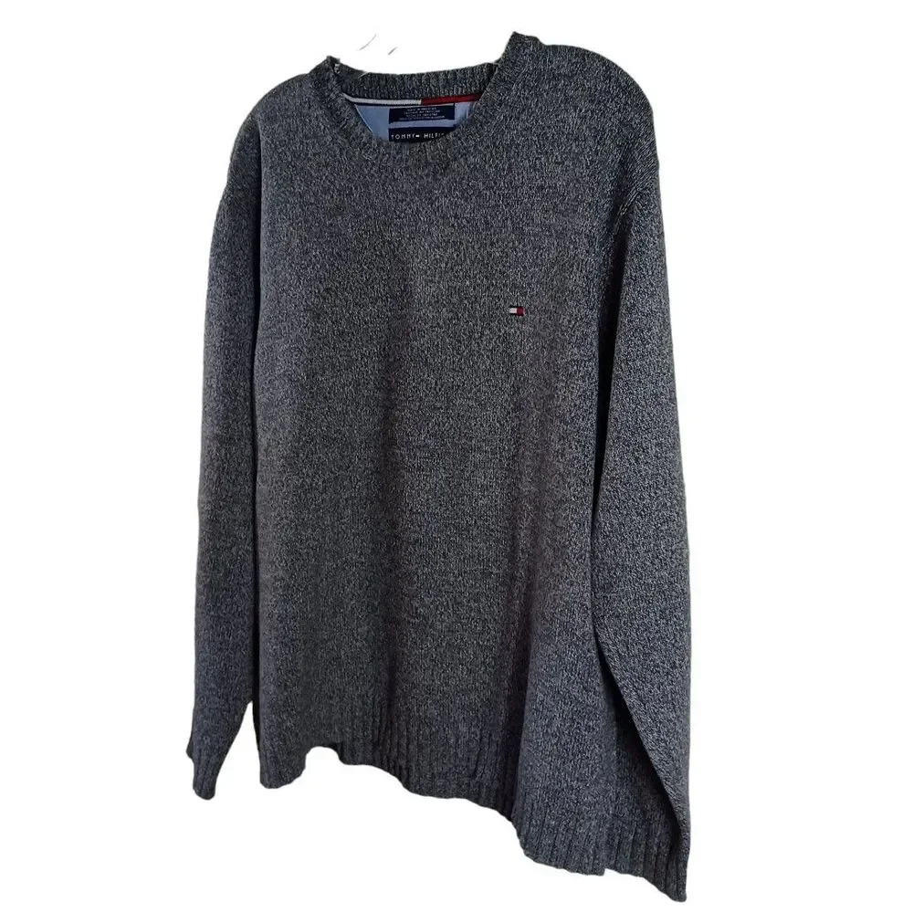 Tommy Hilfiger Sz L Academia Preppy Crew Neck 100% Cotton Grey Embroidered Logo